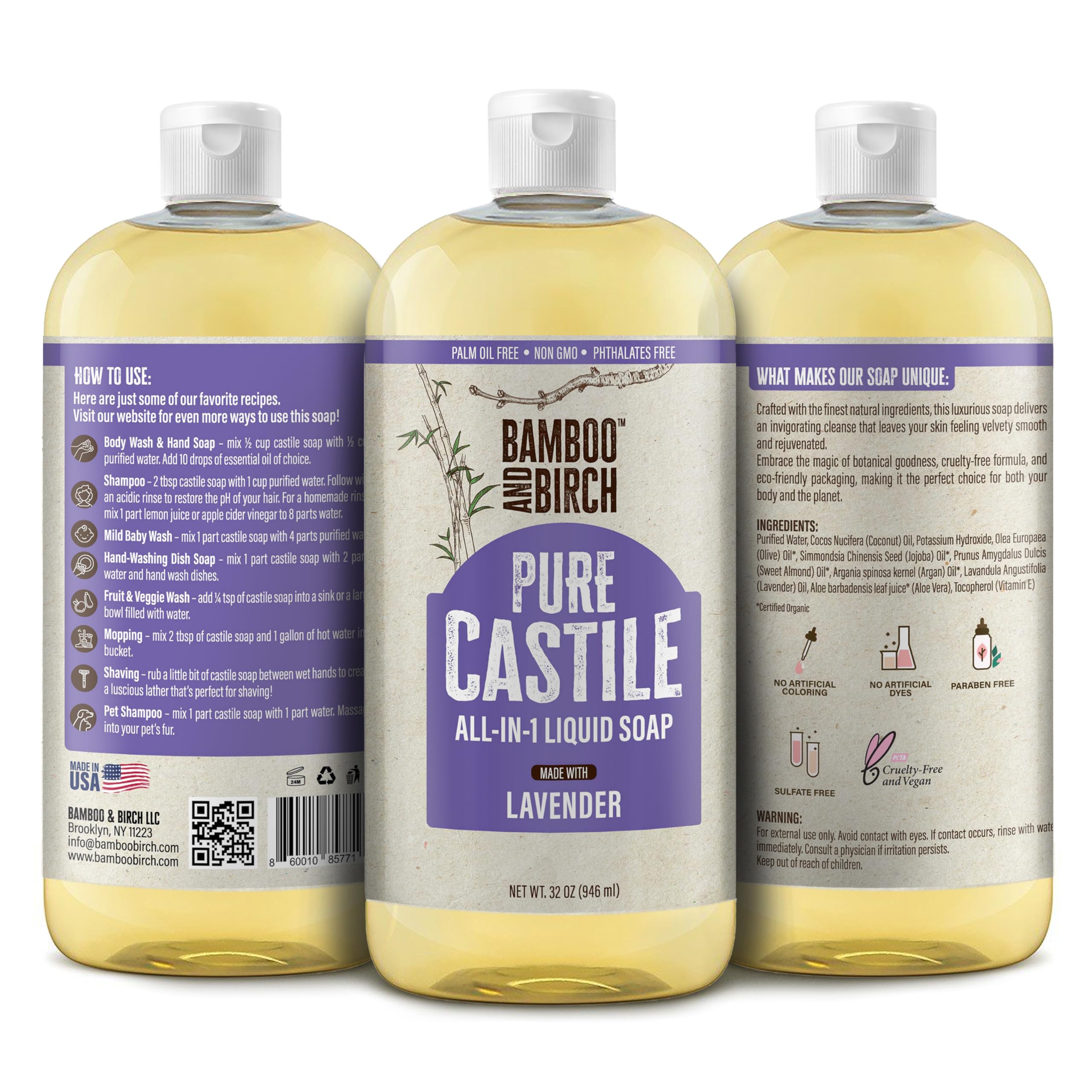 BAMBOO AND BIRCH Pure Castile Soap Liquid Organic, Certified Palm Oil Free Natural Soap, Lavender, 32 oz